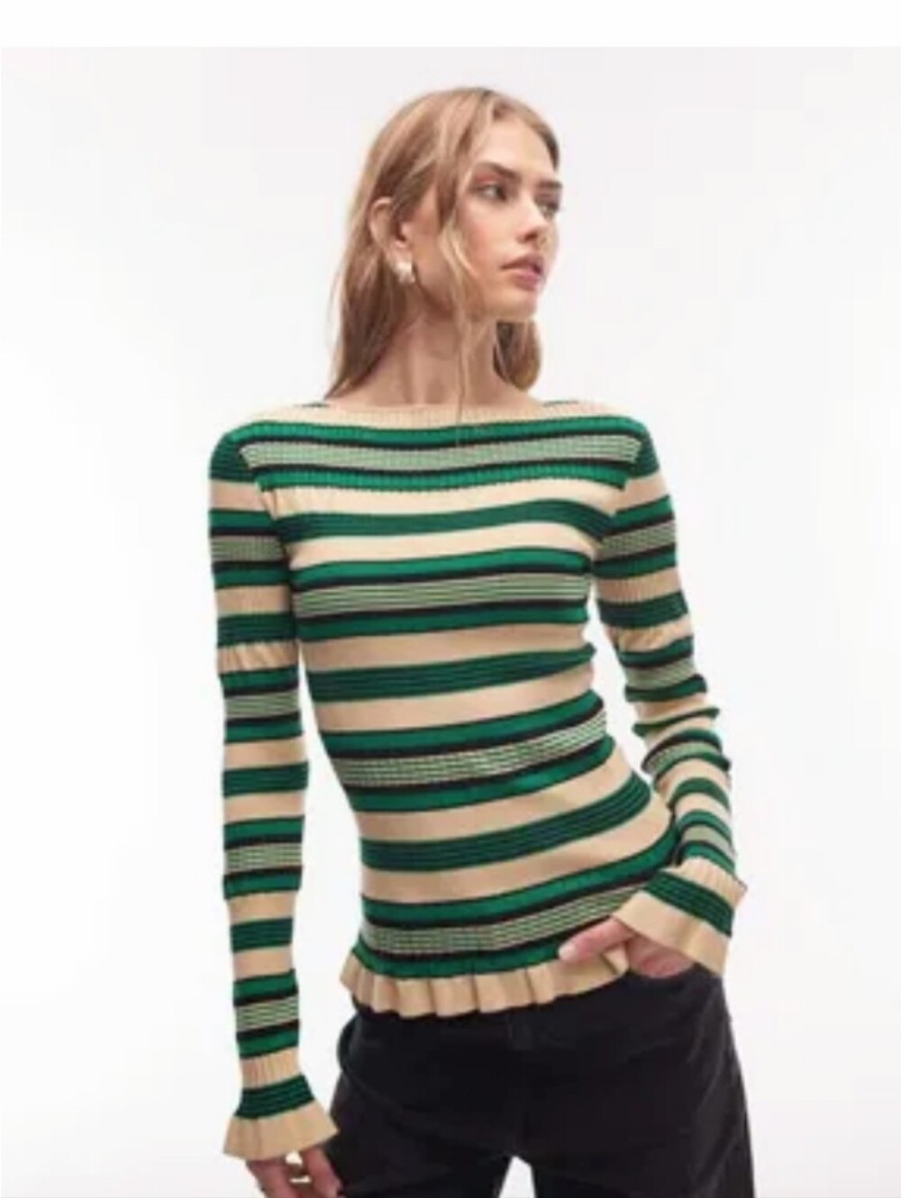 & Other Stories Sweater Green Striped Cotton Rib-Knit Long-Sleeve
